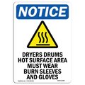 Signmission OSHA Notice Sign, Dryers Drums Hot Surface With Symbol, 18in X 12in Decal, 12" W, 18" H, Portrait OS-NS-D-1218-V-11584